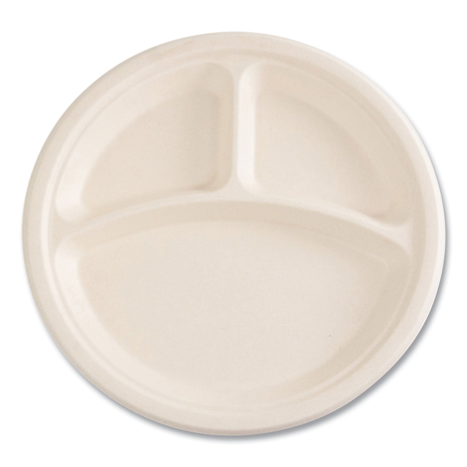 Bagasse PFAS-Free Dinnerware, Plate, 10" dia, 3-Compartment, Tan, 500/Carton