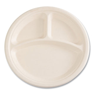 Bagasse PFAS-Free Dinnerware, Plate, 10" dia, 3-Compartment, Tan, 500/Carton
