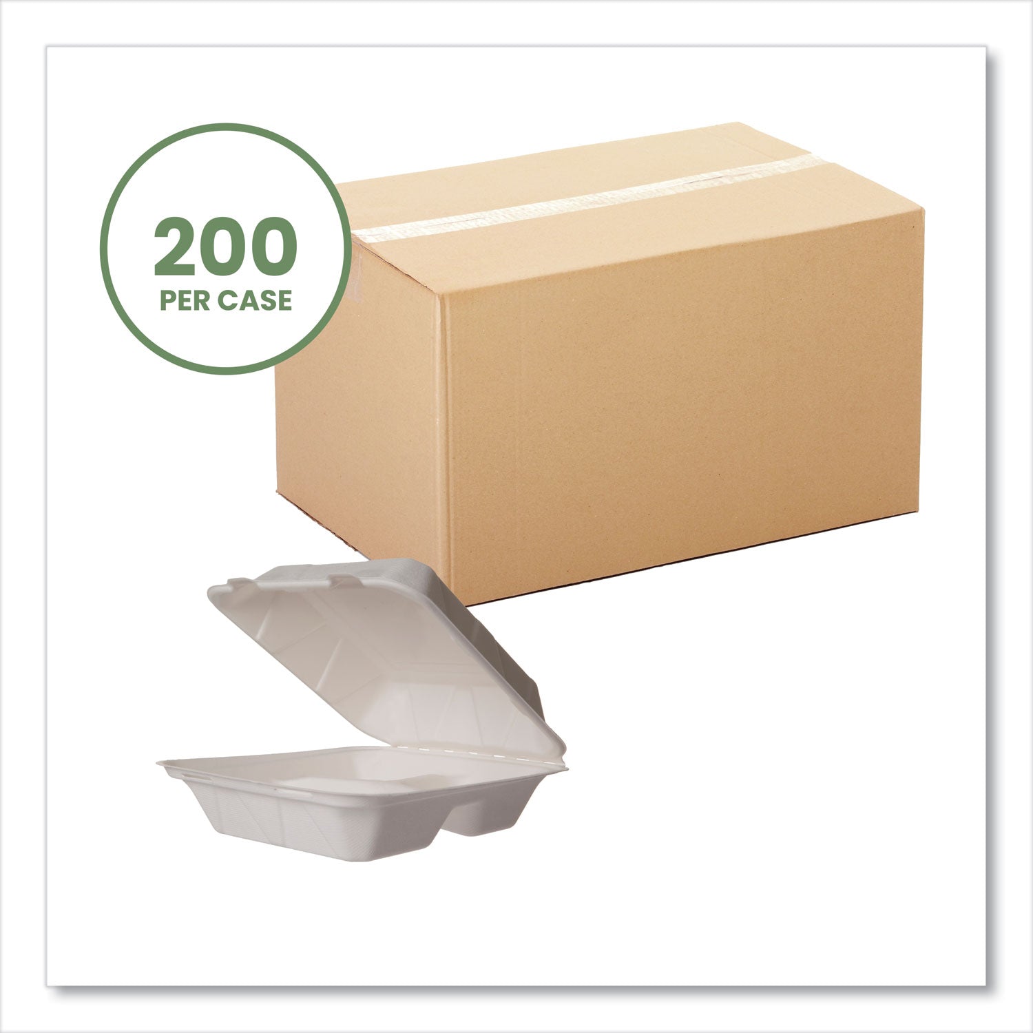White Molded Fiber Clamshell Containers, 3-Compartment, 7.9 x 7.9 x 2.9, White, Sugarcane, 200/Carton
