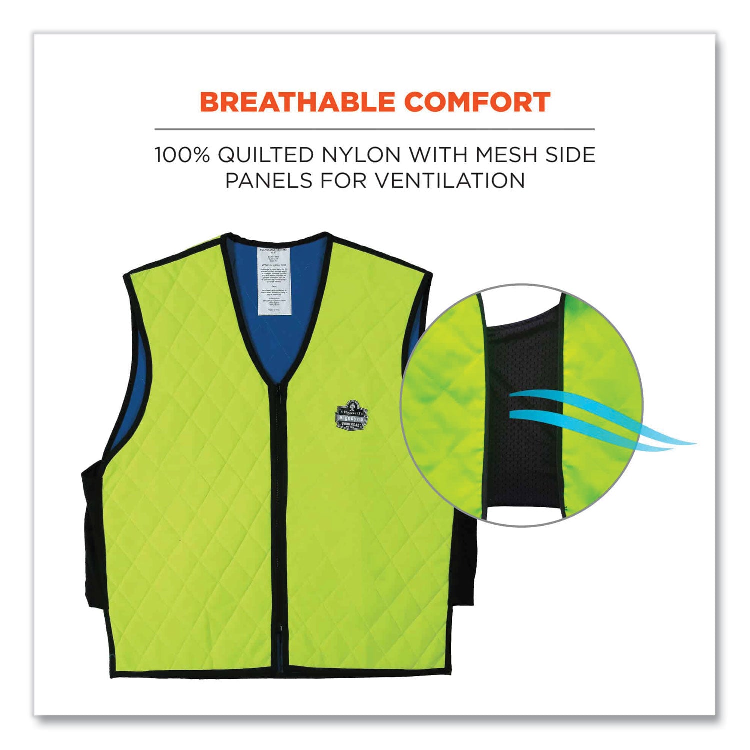 Ergodyne Chill-Its Evaporative Cooling Vest - Large Size - Polymer, Nylon - Lime - Comfortable, High Visibility, Ventilation, Stretchable, Water Repellent, Lightweight, Durable, Washable, Zipper Closure - 1 Each
