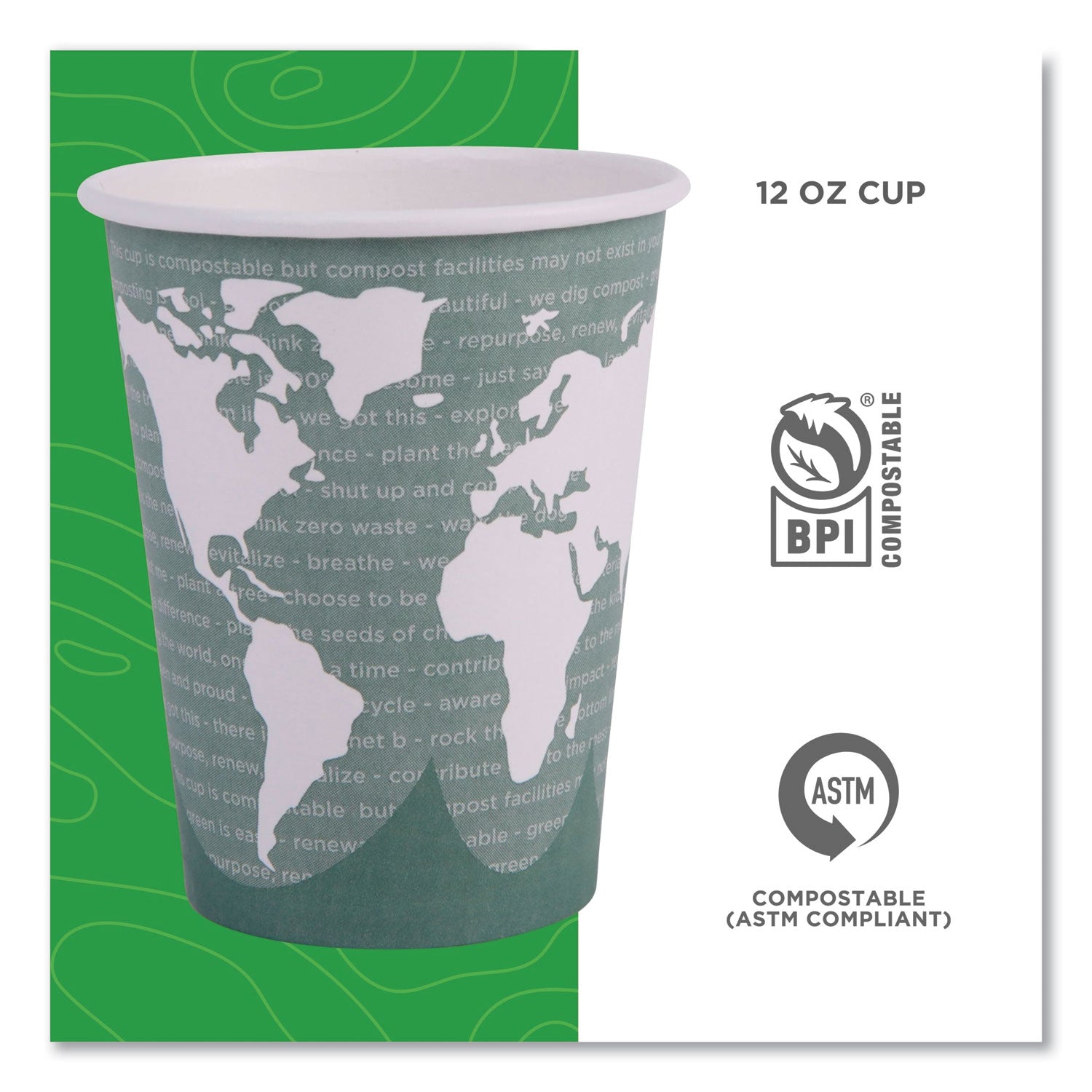World Art Renewable and Compostable Hot Cups, 12 oz, Gray, 50/Pack