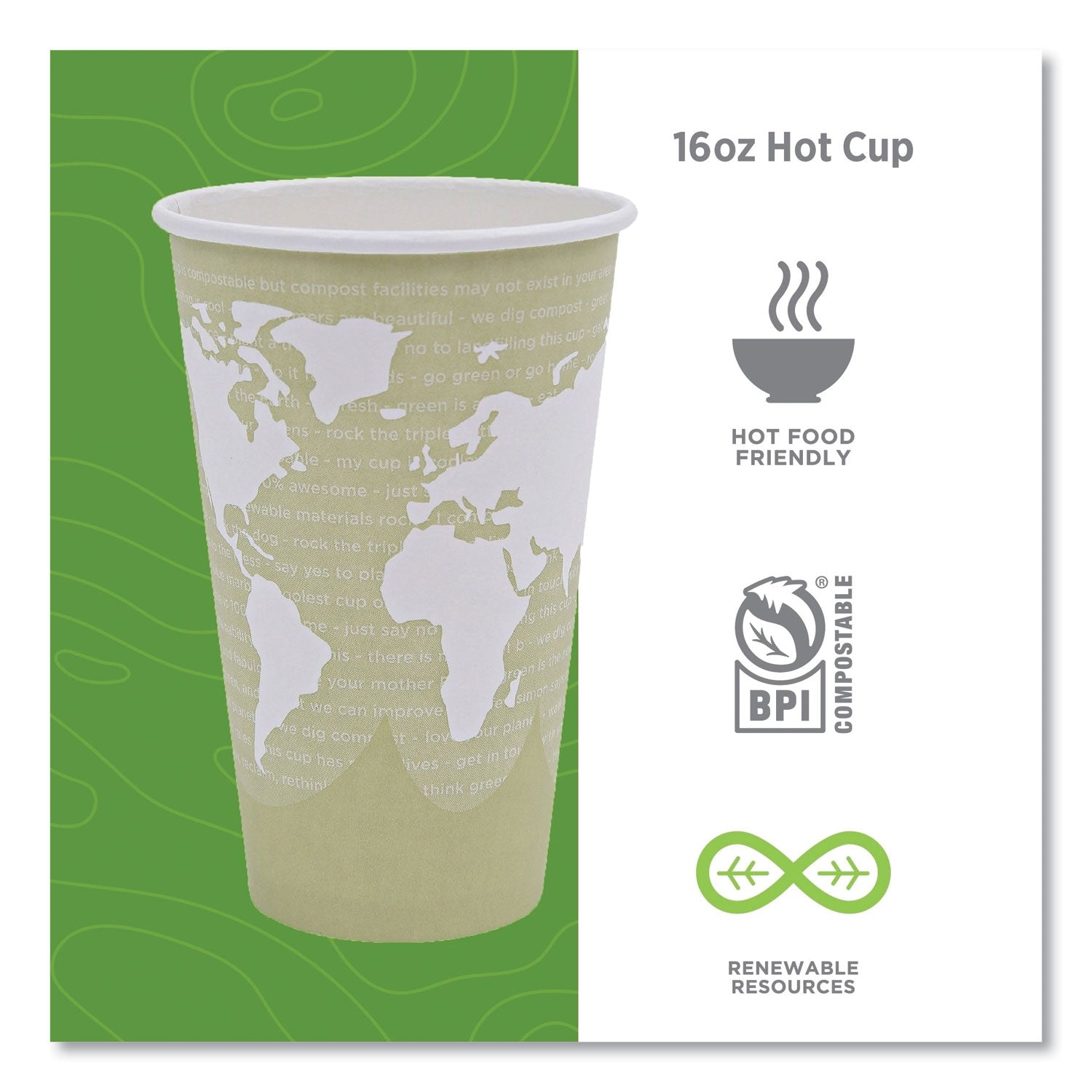 World Art Renewable and Compostable Hot Cups, 16 oz, 50/Pack, 20 Packs/Carton