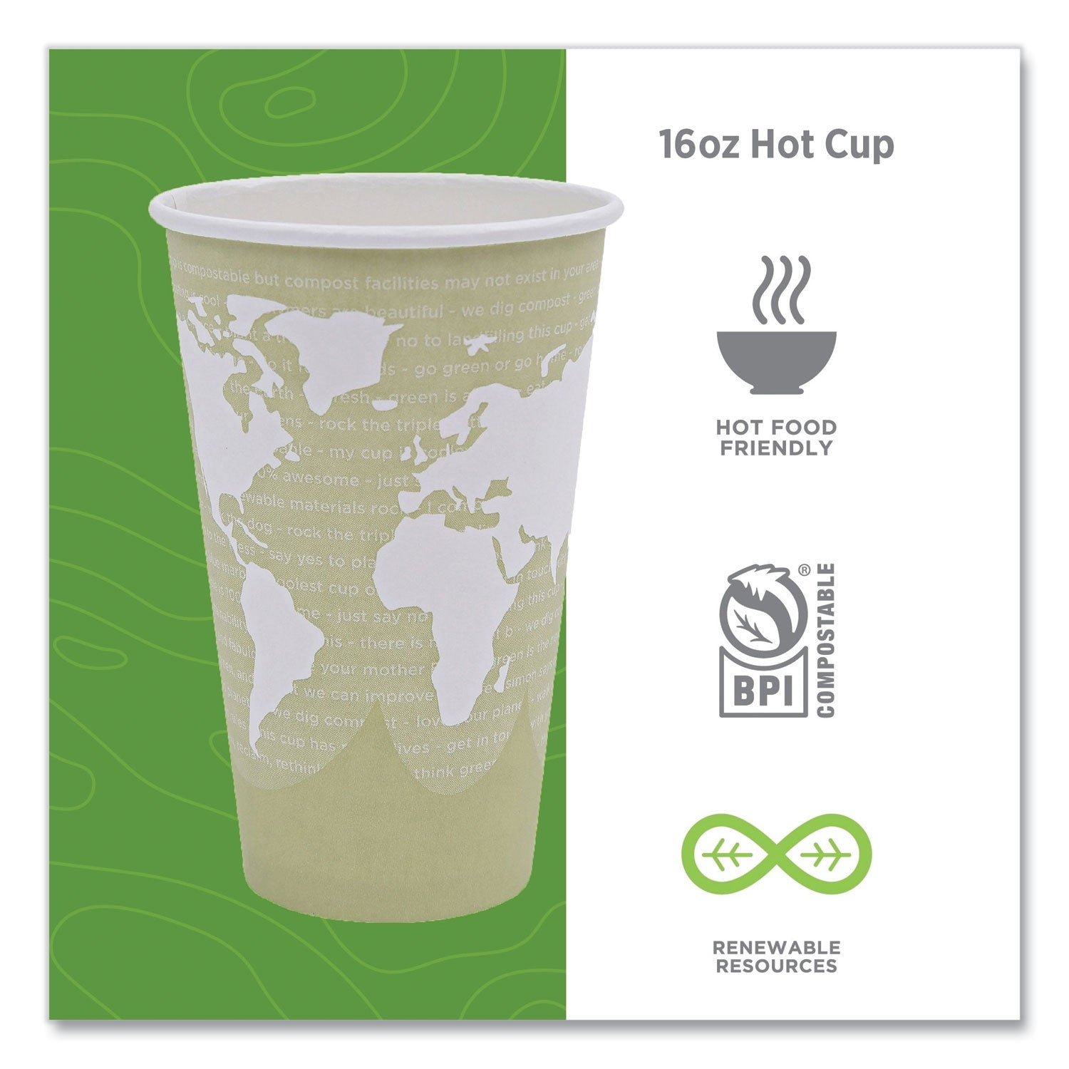 World Art Renewable and Compostable Hot Cups, 16 oz, Moss, 50/Pack