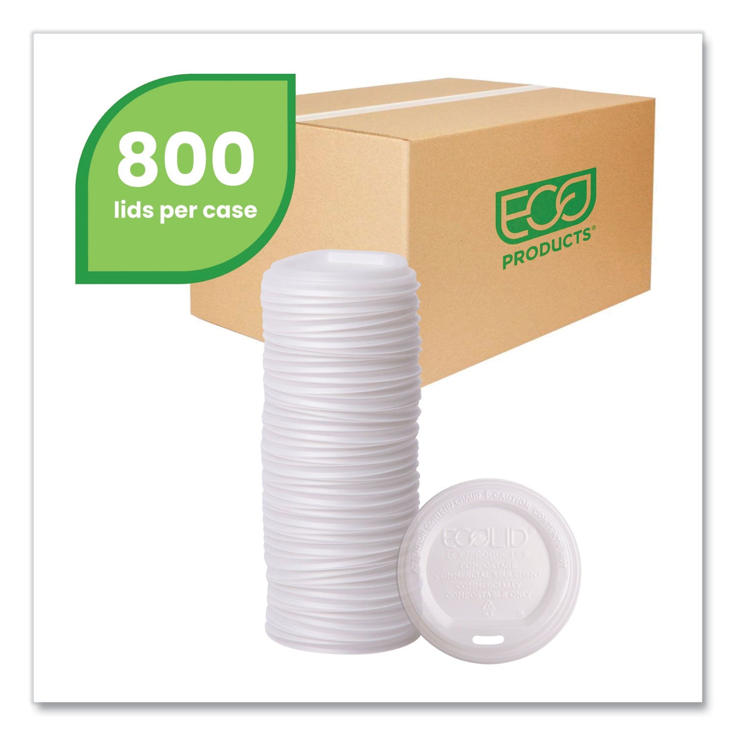 EcoLid Renewable/Compostable Hot Cup Lid, PLA, Fits 10 oz to 20 oz Hot Cups, 50/Pack, 16 Packs/Carton - 