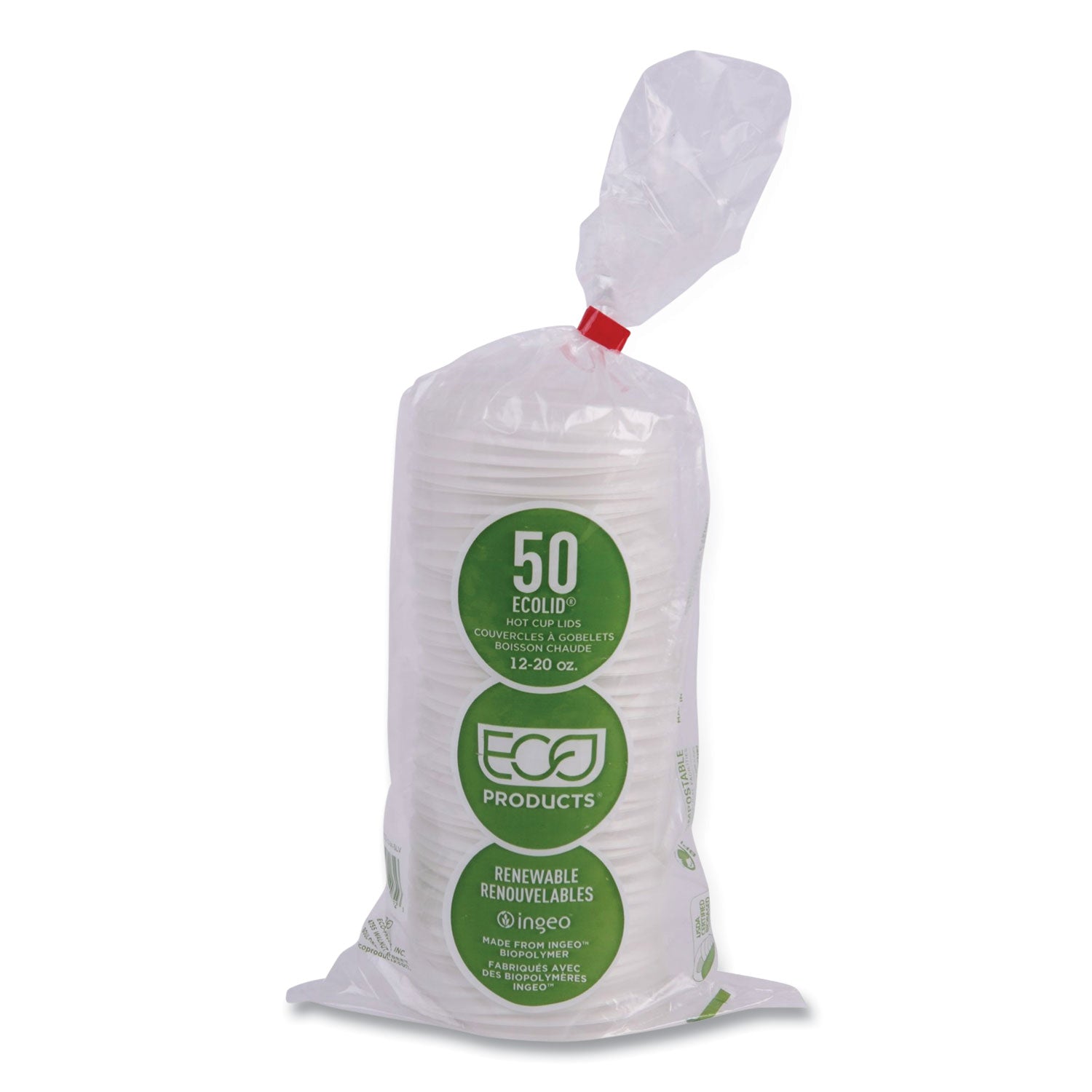 EcoLid Renewable/Compostable Hot Cup Lid, PLA, Fits 10 oz to 20 oz Hot Cups, 50/Pack, 16 Packs/Carton