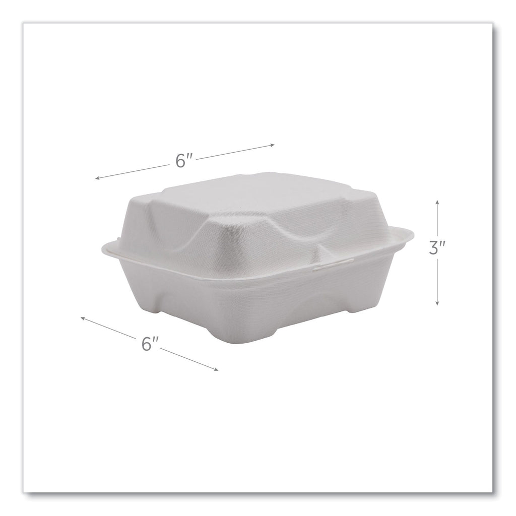 Vanguard Renewable and Compostable Sugarcane Clamshells, 6 x 6 x 3, White, 500/Carton