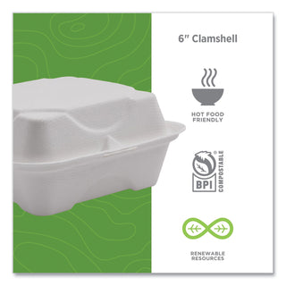 Vanguard Renewable and Compostable Sugarcane Clamshells, 6 x 6 x 3, White, 500/Carton