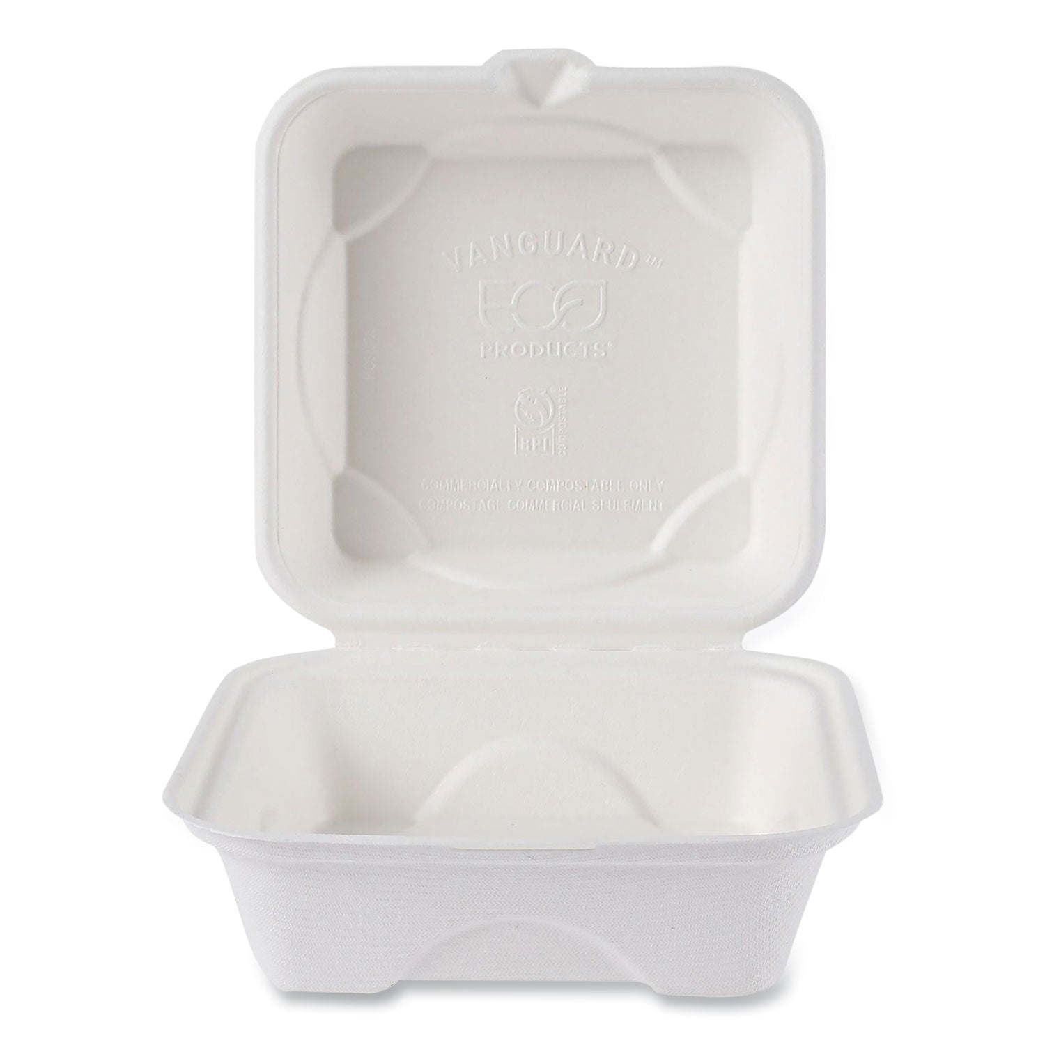 Vanguard Renewable and Compostable Sugarcane Clamshells, 6 x 6 x 3, White, 500/Carton