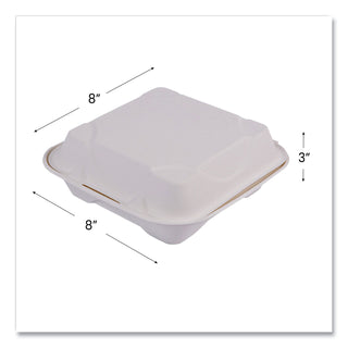 Vanguard Renewable and Compostable Sugarcane Clamshells, 1-Compartment, 8 x 8 x 3, White, 200/Carton
