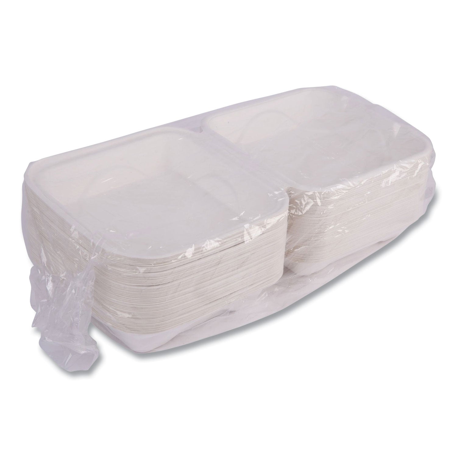 Vanguard Renewable and Compostable Sugarcane Clamshells, 1-Compartment, 8 x 8 x 3, White, 200/Carton