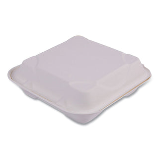 Bagasse Hinged Clamshell Containers, 9 x 9 x 3, White, Sugarcane, 50/Pack, 4 Packs/Carton - 