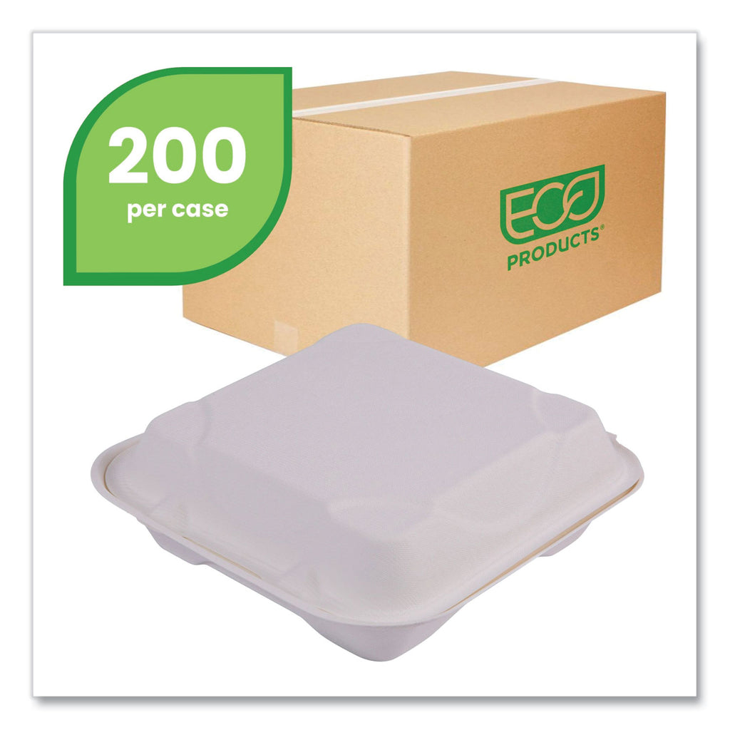 Bagasse Hinged Clamshell Containers, 9 x 9 x 3, White, Sugarcane, 50/Pack, 4 Packs/Carton - 