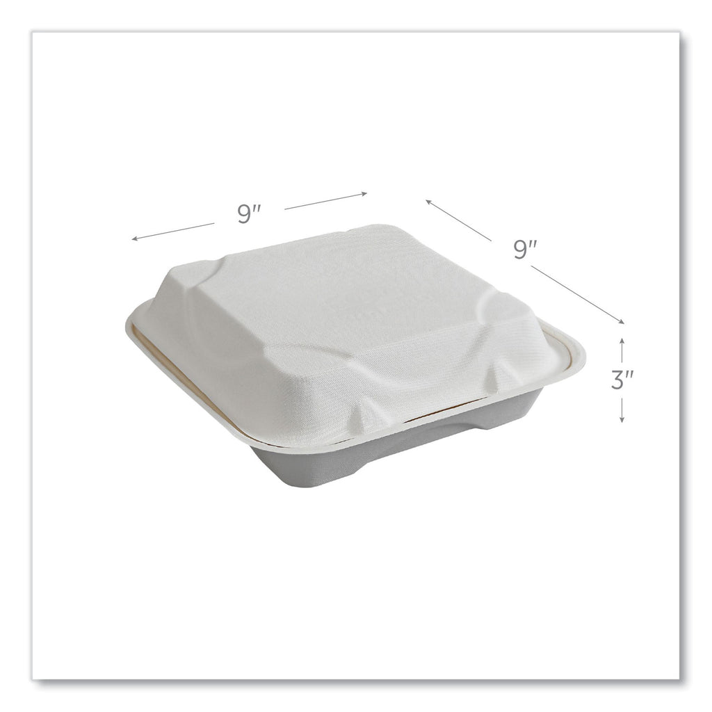 Vanguard Renewable and Compostable Sugarcane Clamshells, 1-Compartment, 9 x 9 x 3, White, 200/Carton