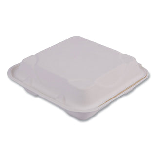 Bagasse Hinged Clamshell Containers, 3-Compartment, 9 x 9 x 3, White, Sugarcane, 50/Pack, 4 Packs/Carton - 