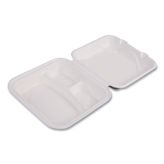 Bagasse Hinged Clamshell Containers, 3-Compartment, 9 x 9 x 3, White, Sugarcane, 50/Pack, 4 Packs/Carton - 