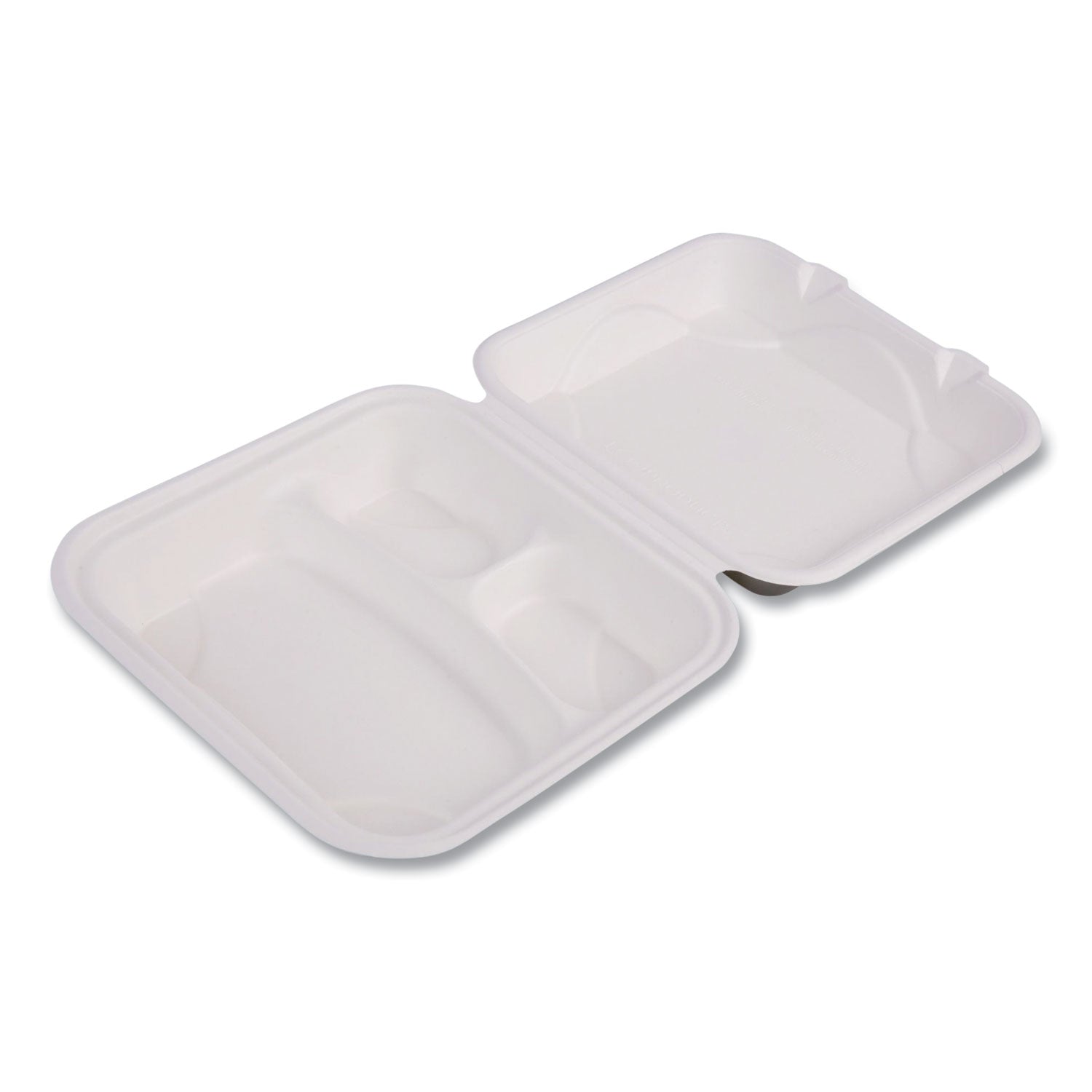 Bagasse Hinged Clamshell Containers, 3-Compartment, 9 x 9 x 3, White, Sugarcane, 50/Pack, 4 Packs/Carton - 