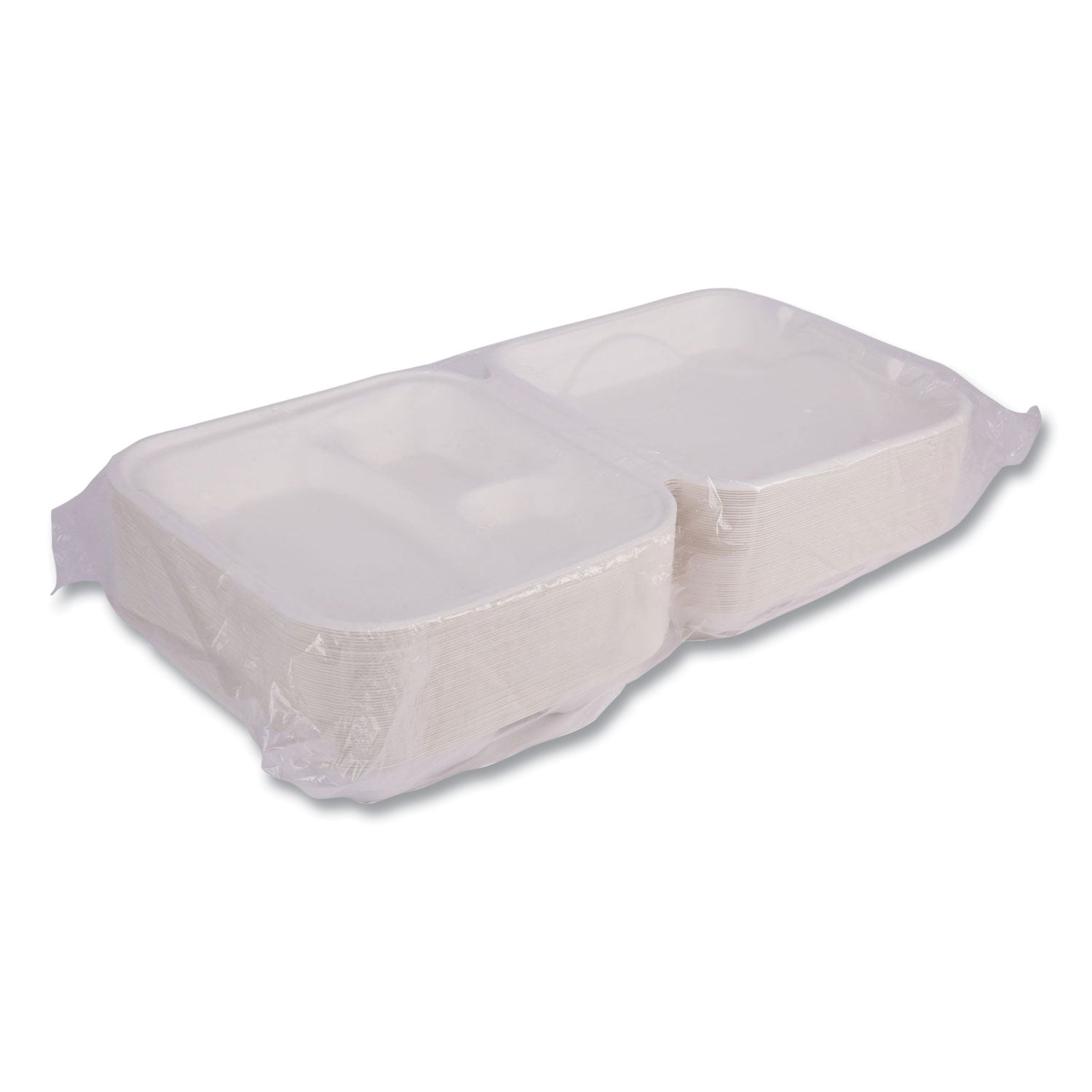 Bagasse Hinged Clamshell Containers, 3-Compartment, 9 x 9 x 3, White, Sugarcane, 50/Pack, 4 Packs/Carton - 