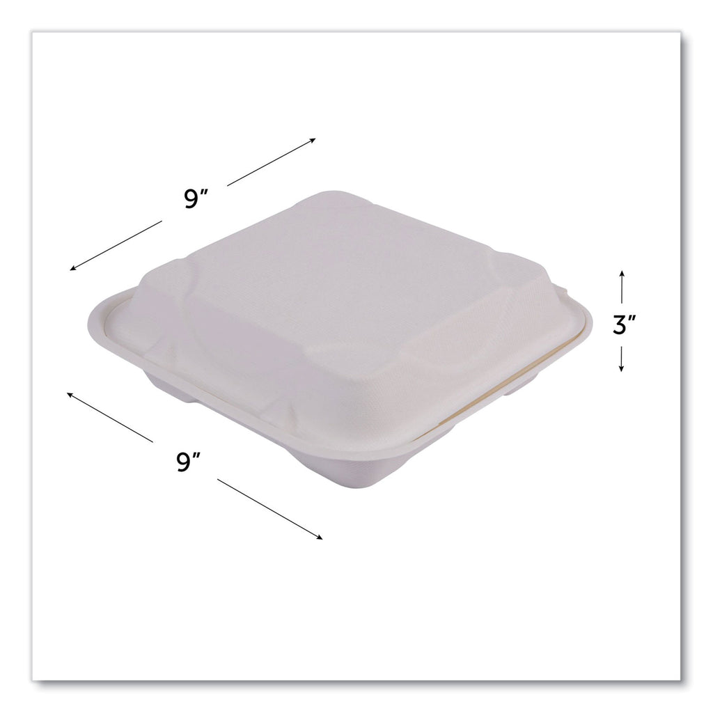 Vanguard Renewable and Compostable Sugarcane Clamshells, 3-Compartment, 9 x 9 x 3, White, 200/Carton