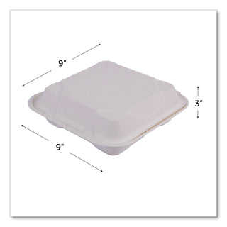 Vanguard Renewable and Compostable Sugarcane Clamshells, 3-Compartment, 9 x 9 x 3, White, 200/Carton