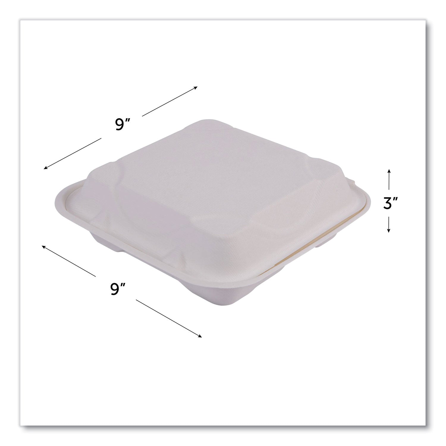 Vanguard Renewable and Compostable Sugarcane Clamshells, 3-Compartment, 9 x 9 x 3, White, 200/Carton