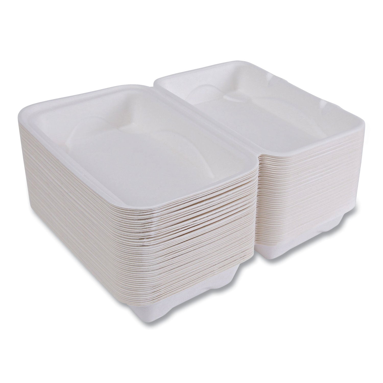 Vanguard Renewable and Compostable Sugarcane Clamshells, 1-Compartment, 9 x 6 x 3, White, 250/Carton