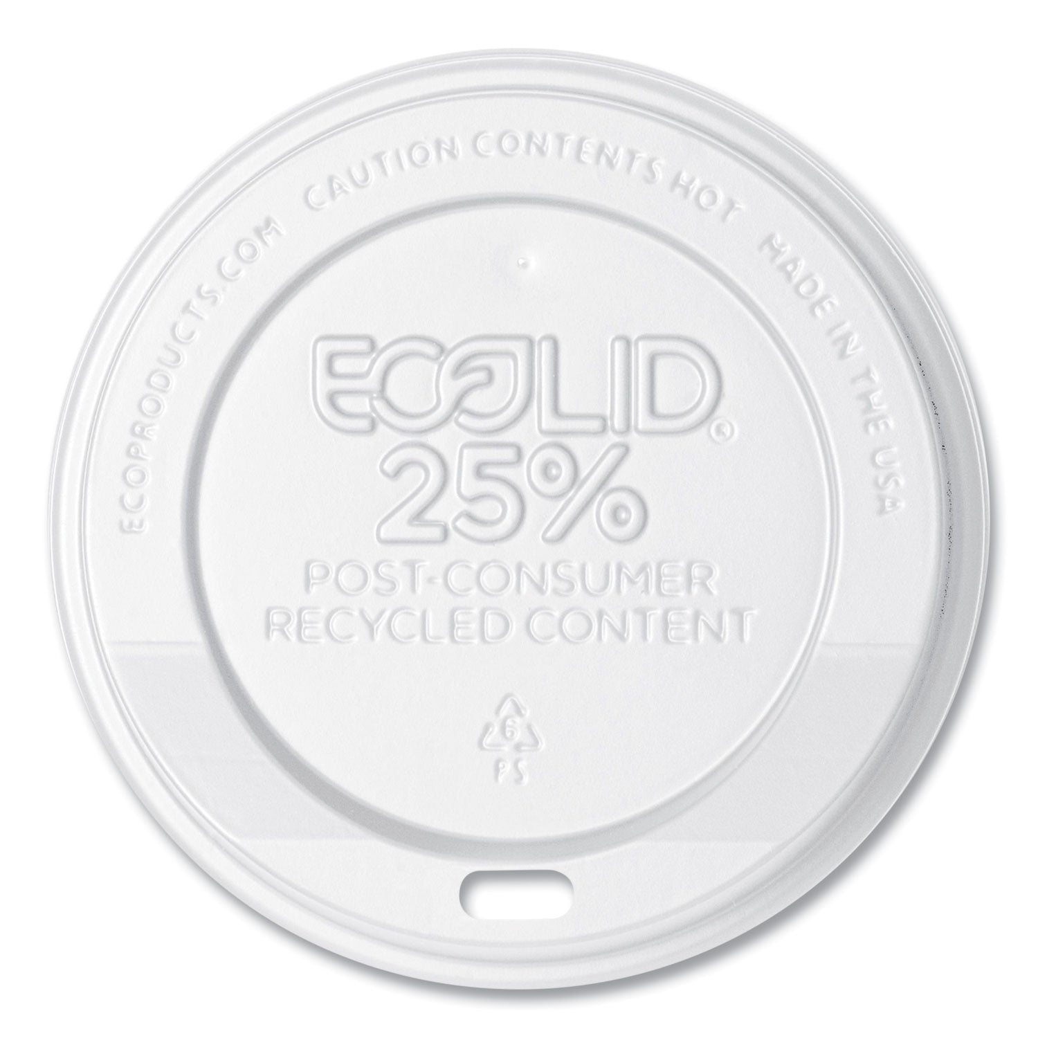 EcoLid 25% Recycled Content Hot Cup Lid, White, Fits 10 oz to 20 oz Cups, 100/Pack, 10 Packs/Carton - 