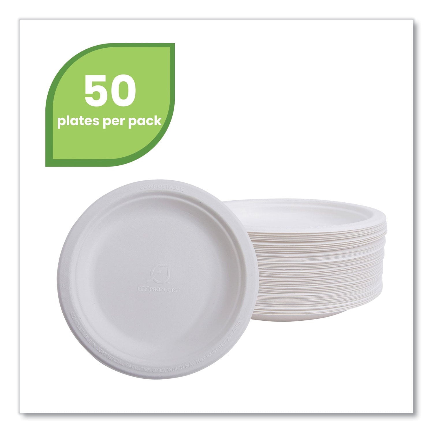 Renewable Sugarcane Dinnerware, Plate, 10" dia, Natural White, 50/Pack - 