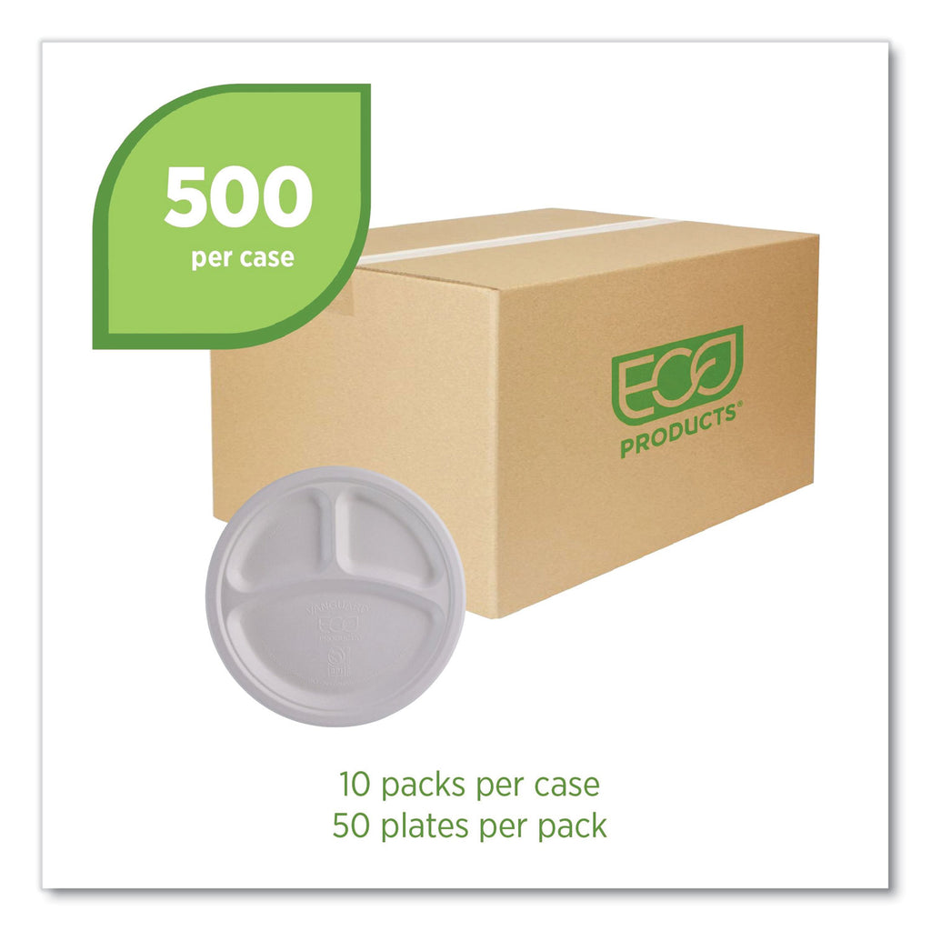 Vanguard Renewable and Compostable Sugarcane Plates, 3-Compartment, 10" dia, White, 500/Carton