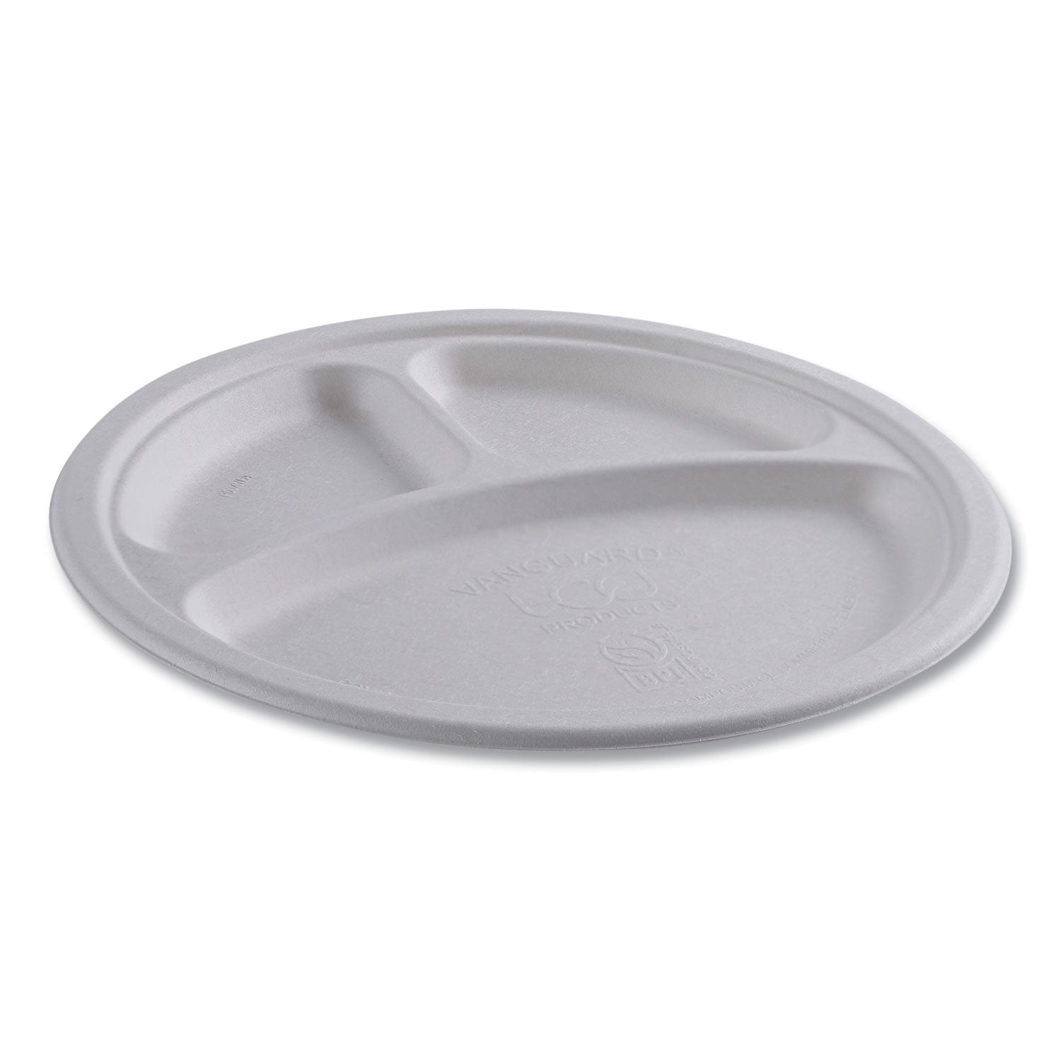 Vanguard Renewable and Compostable Sugarcane Plates, 3-Compartment, 10" dia, White, 500/Carton