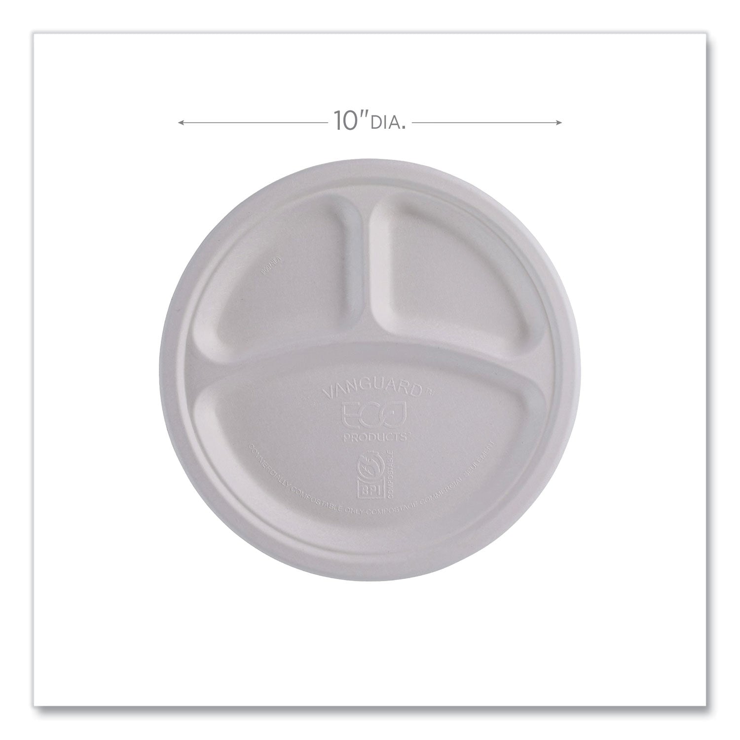 Vanguard Renewable and Compostable Sugarcane Plates, 3-Compartment, 10" dia, White, 500/Carton