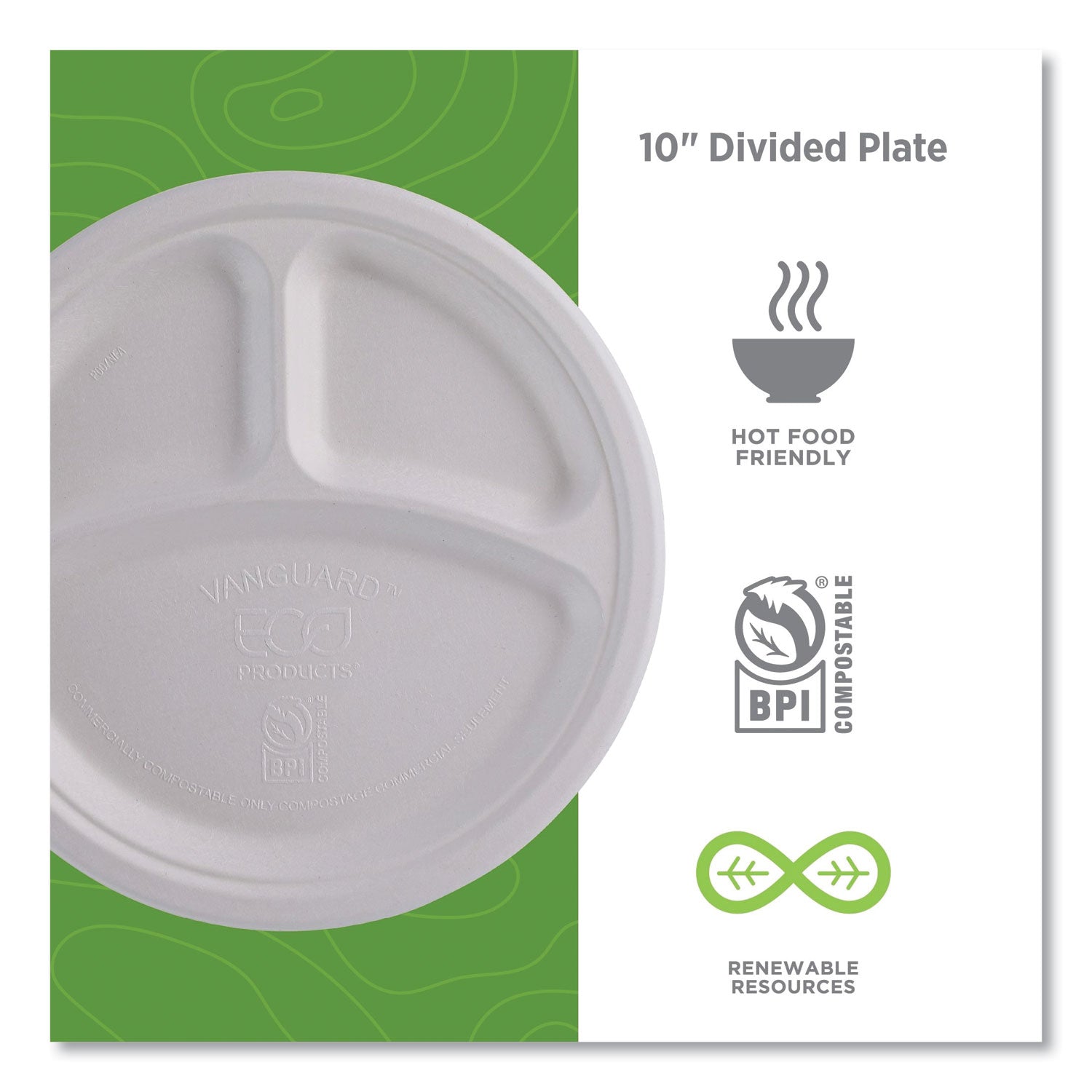 Vanguard Renewable and Compostable Sugarcane Plates, 3-Compartment, 10" dia, White, 500/Carton