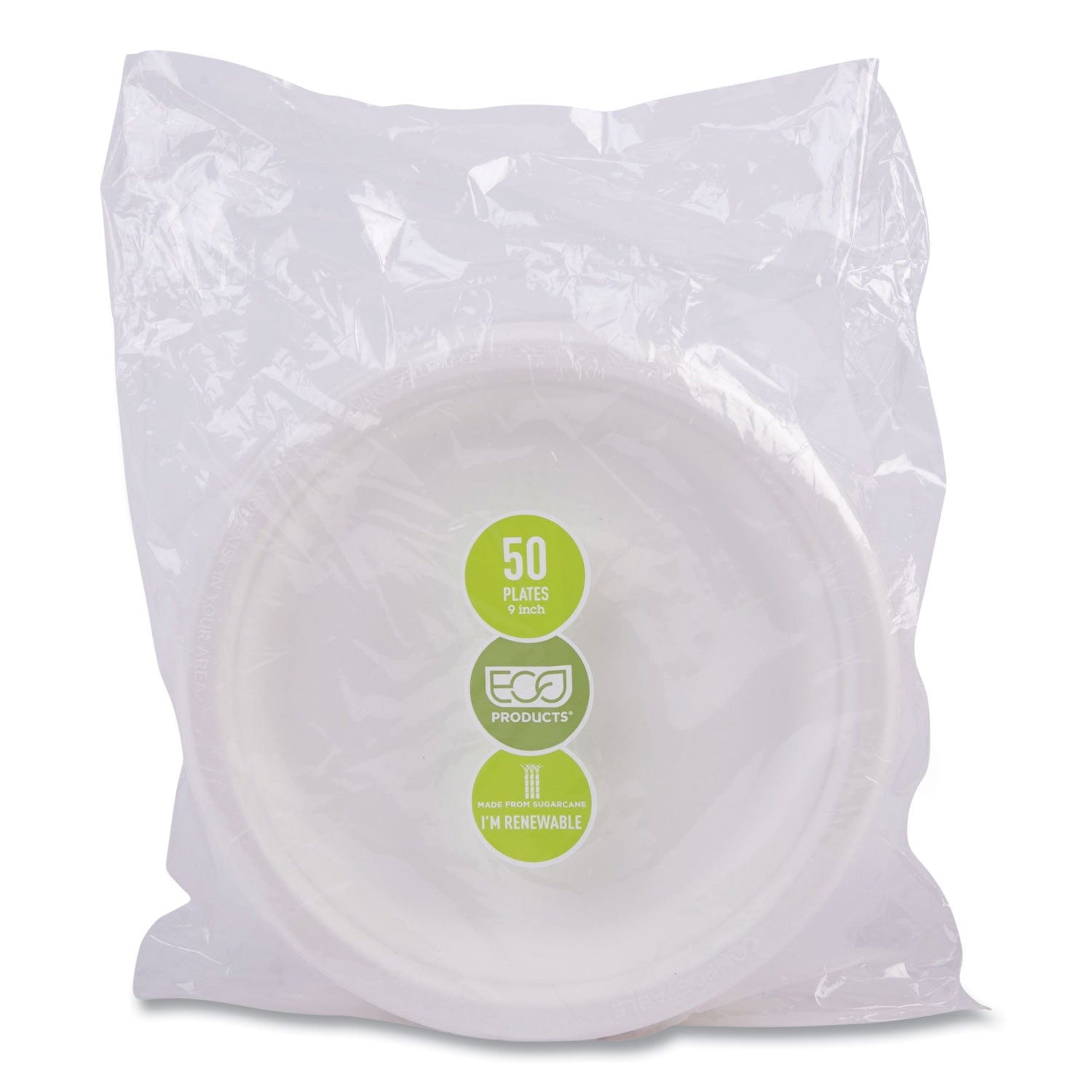 Renewable Sugarcane Plates, 9" dia, Natural White, 500/Carton - 