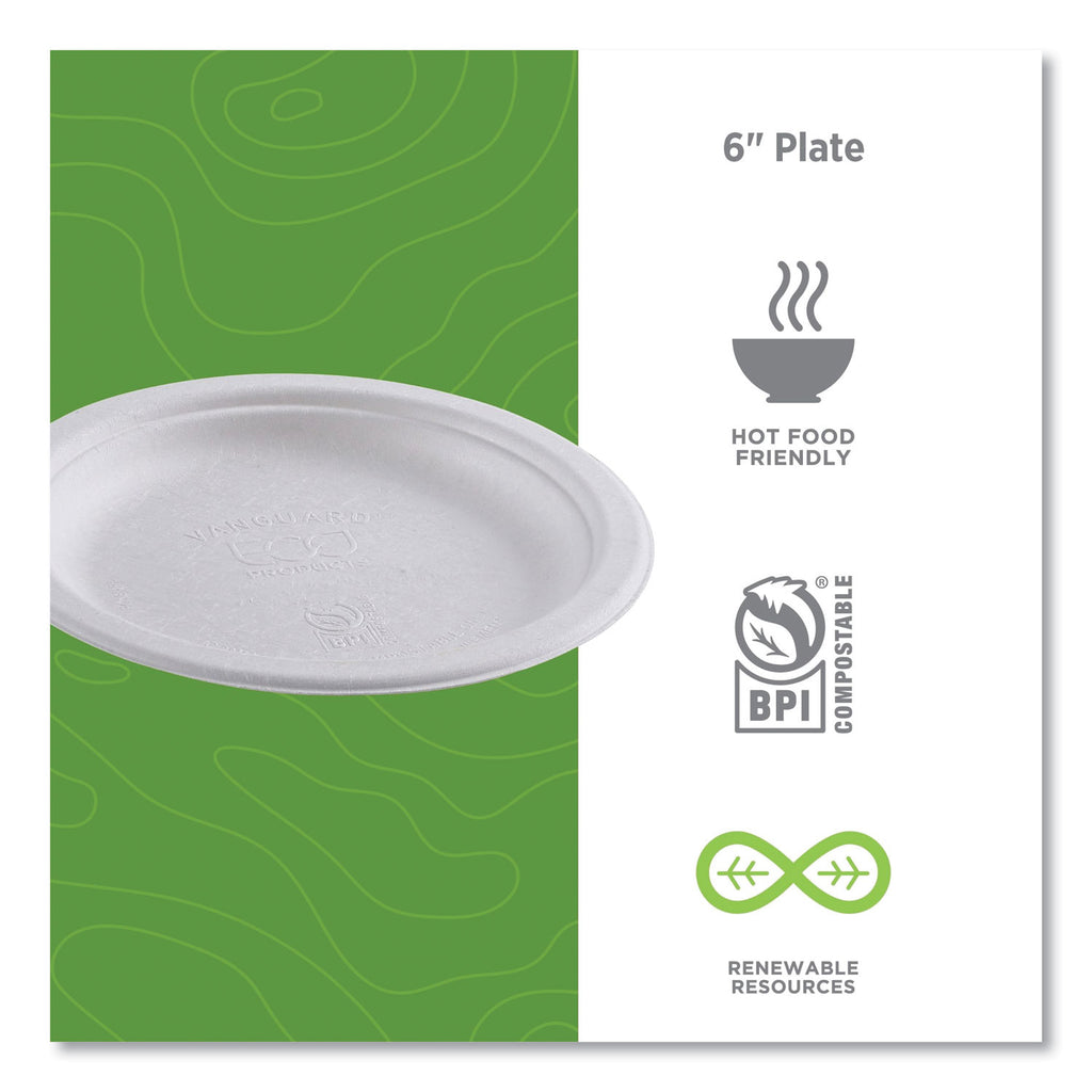 Vanguard Renewable and Compostable Sugarcane Plates, 6" dia, White, 1,000/Carton