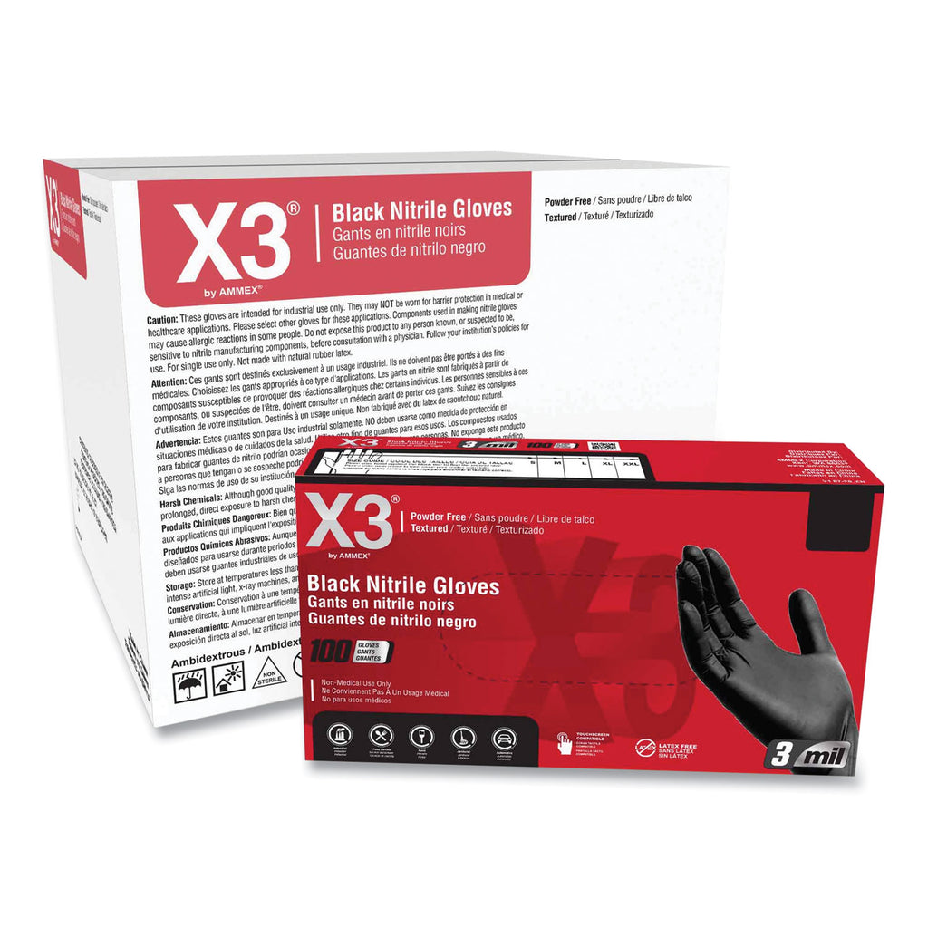 Industrial Nitrile Gloves, Powder-Free, 3 mil, 2X-Large, Black, 100/Box, 10 Boxes/Carton