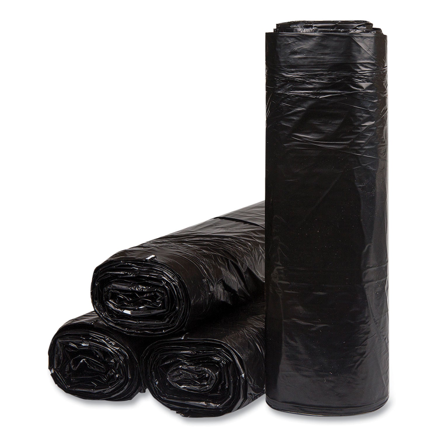 Low-Density Commercial Can Liners, Coreless Interleaved Roll, 60 gal, 1.2mil, 38" x 58", Black, 10 Bags/Roll, 10 Rolls/Carton