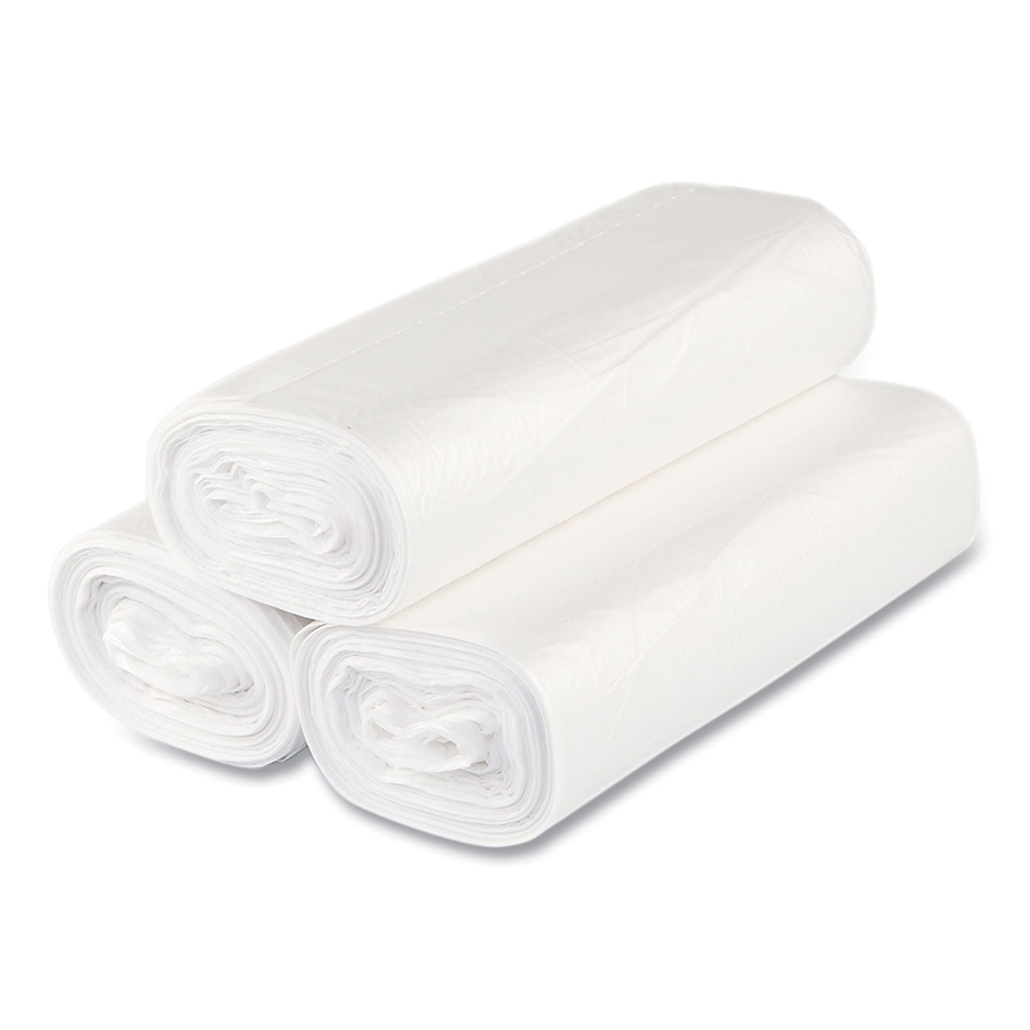 High-Density Commercial Can Liners, 33 gal, 16 mic, 33" x 40", Clear, 25 Bags/Roll, 10 Interleaved Rolls/Carton