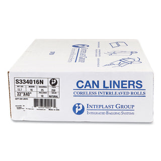 High-Density Commercial Can Liners, 33 gal, 16 mic, 33" x 40", Clear, 25 Bags/Roll, 10 Interleaved Rolls/Carton