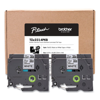 TZe Series Standard Adhesive Laminated Labeling Tape, 0.5", Black on White, 4/Pack