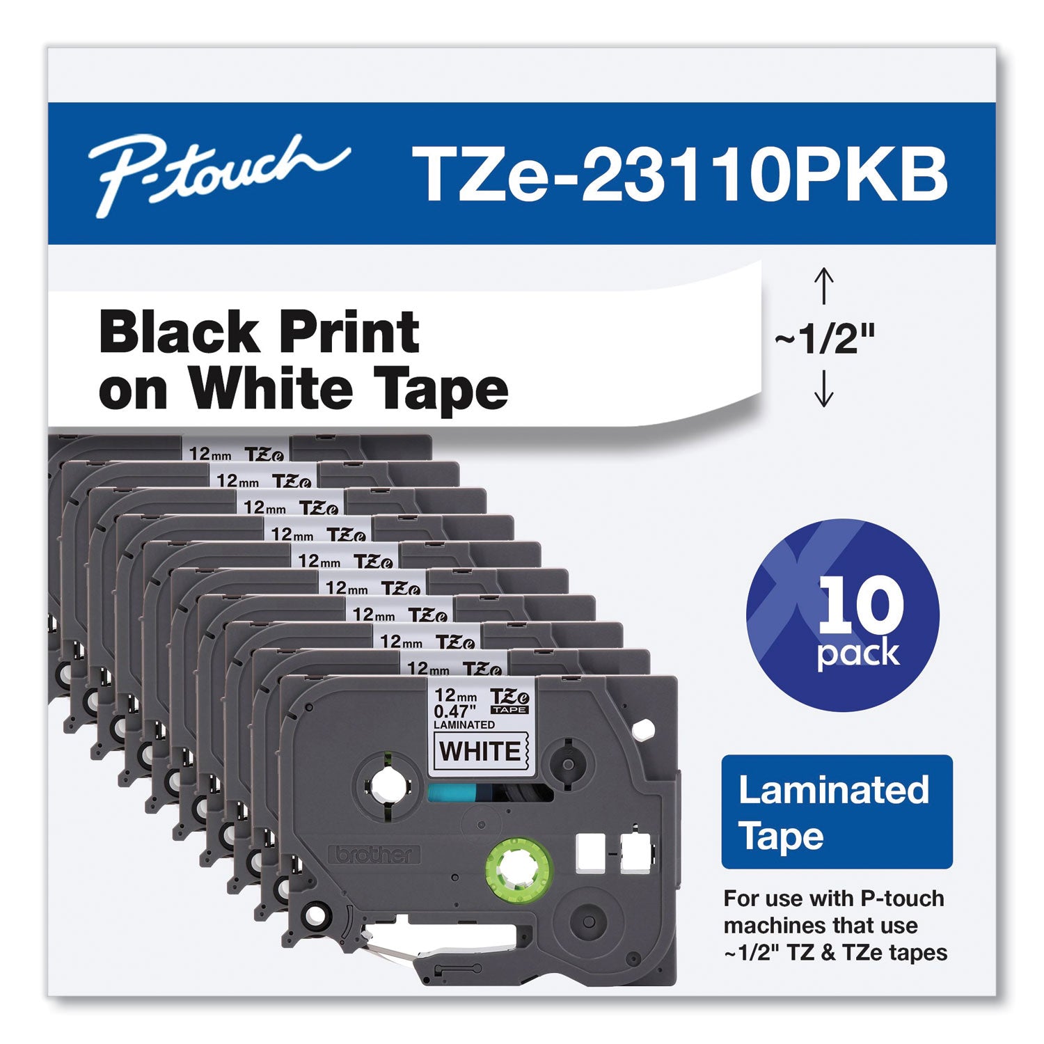 TZe Series Standard Adhesive Laminated Labeling Tape, 0.5", Black on White, 10/Pack