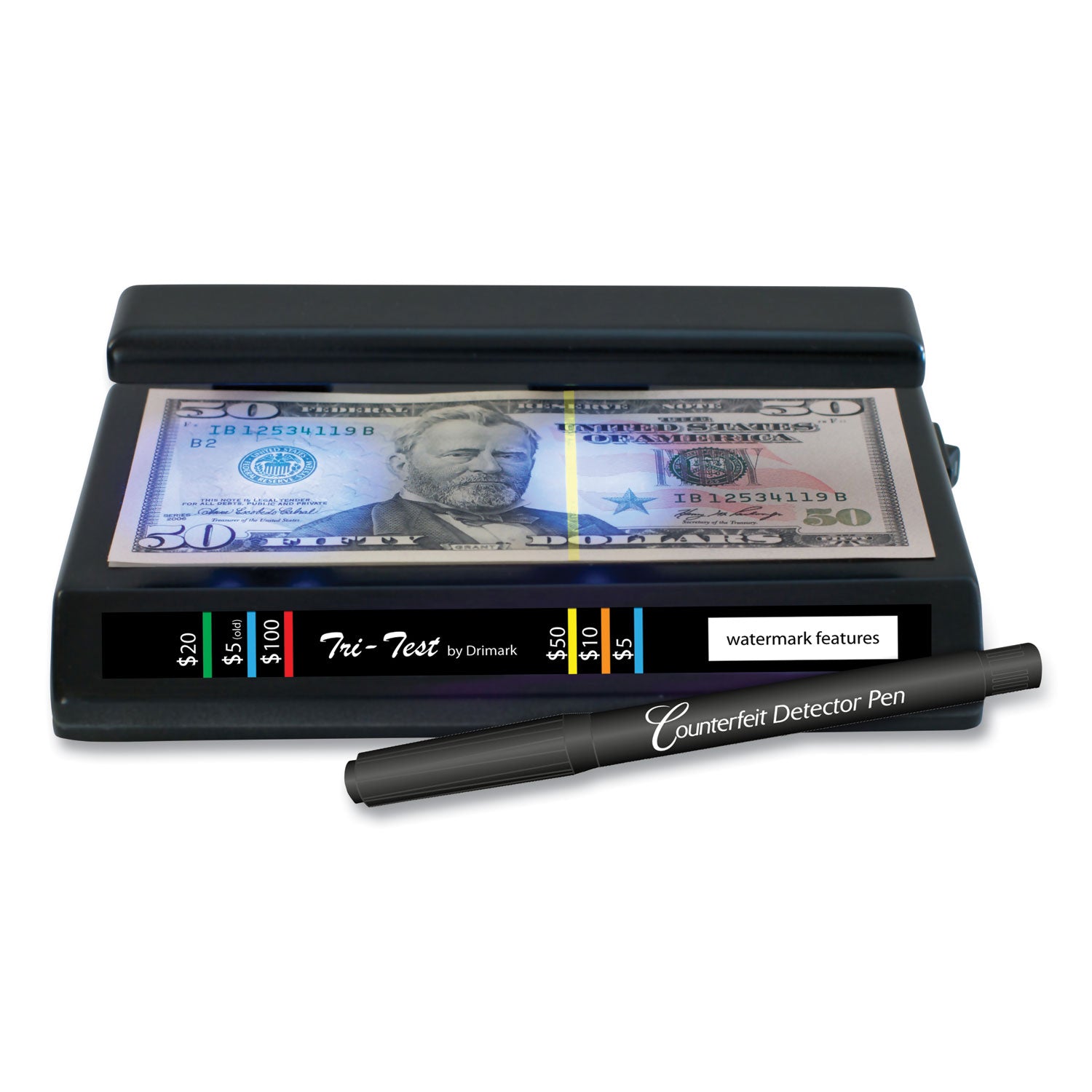 Tri Test Counterfeit Bill Detector with Pen, U.S.; Canadian; Mexican; EU; UK; Chinese Currencies, 7 x 4 x 2.5, Black - 