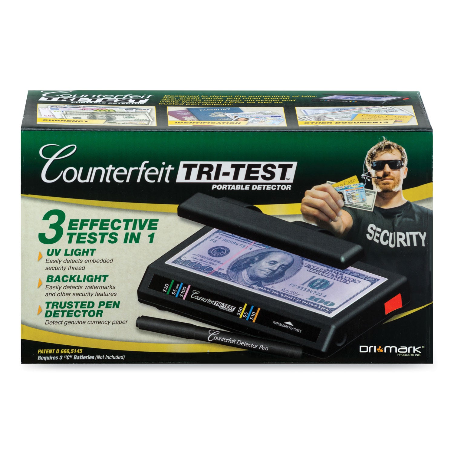 Tri Test Counterfeit Bill Detector with Pen, U.S.; Canadian; Mexican; EU; UK; Chinese Currencies, 7 x 4 x 2.5, Black