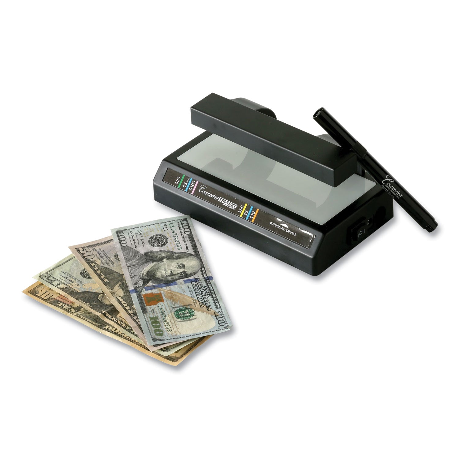 Tri Test Counterfeit Bill Detector with Pen, U.S.; Canadian; Mexican; EU; UK; Chinese Currencies, 7 x 4 x 2.5, Black - 