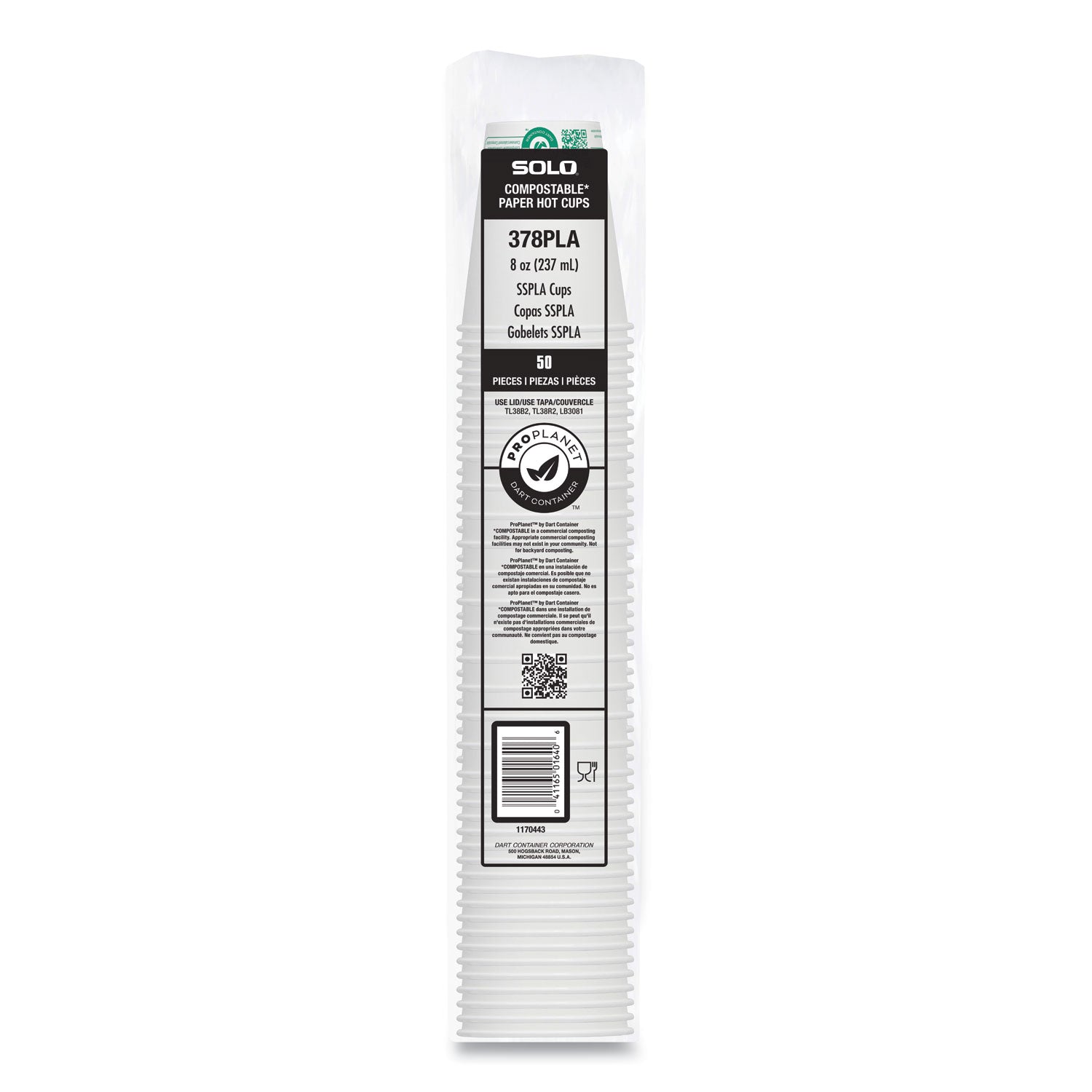Compostable Paper Hot Cups, ProPlanet Seal, 8 oz, White/Green, 1,000/Carton