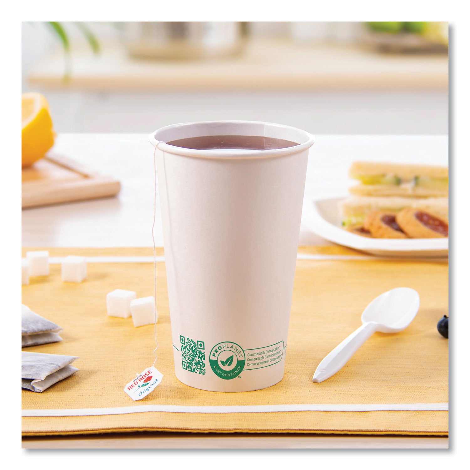 Compostable Paper Hot Cups, ProPlanet Seal, 16 oz, White/Green, 1,000/Carton