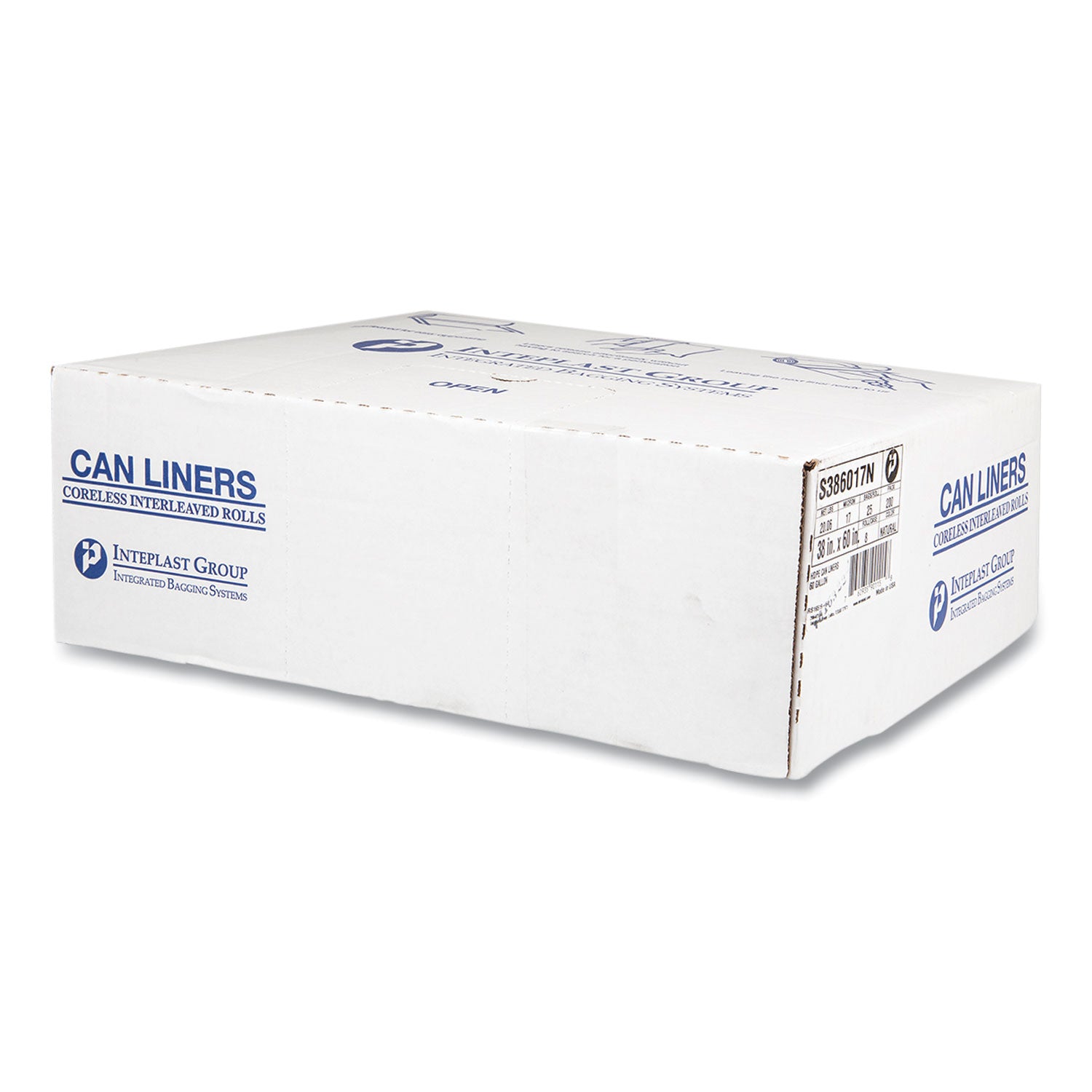 High-Density Commercial Can Liners, 60 gal, 17 mic, 38" x 60", Clear, 25 Bags/Roll, 8 Interleaved Rolls/Carton