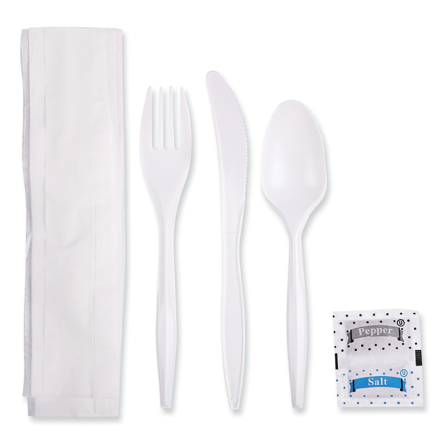 Cutlery Kit, Plastic Fork/Spoon/Knife/Salt/Polypropylene/Napkin, White, 250/Carton - 