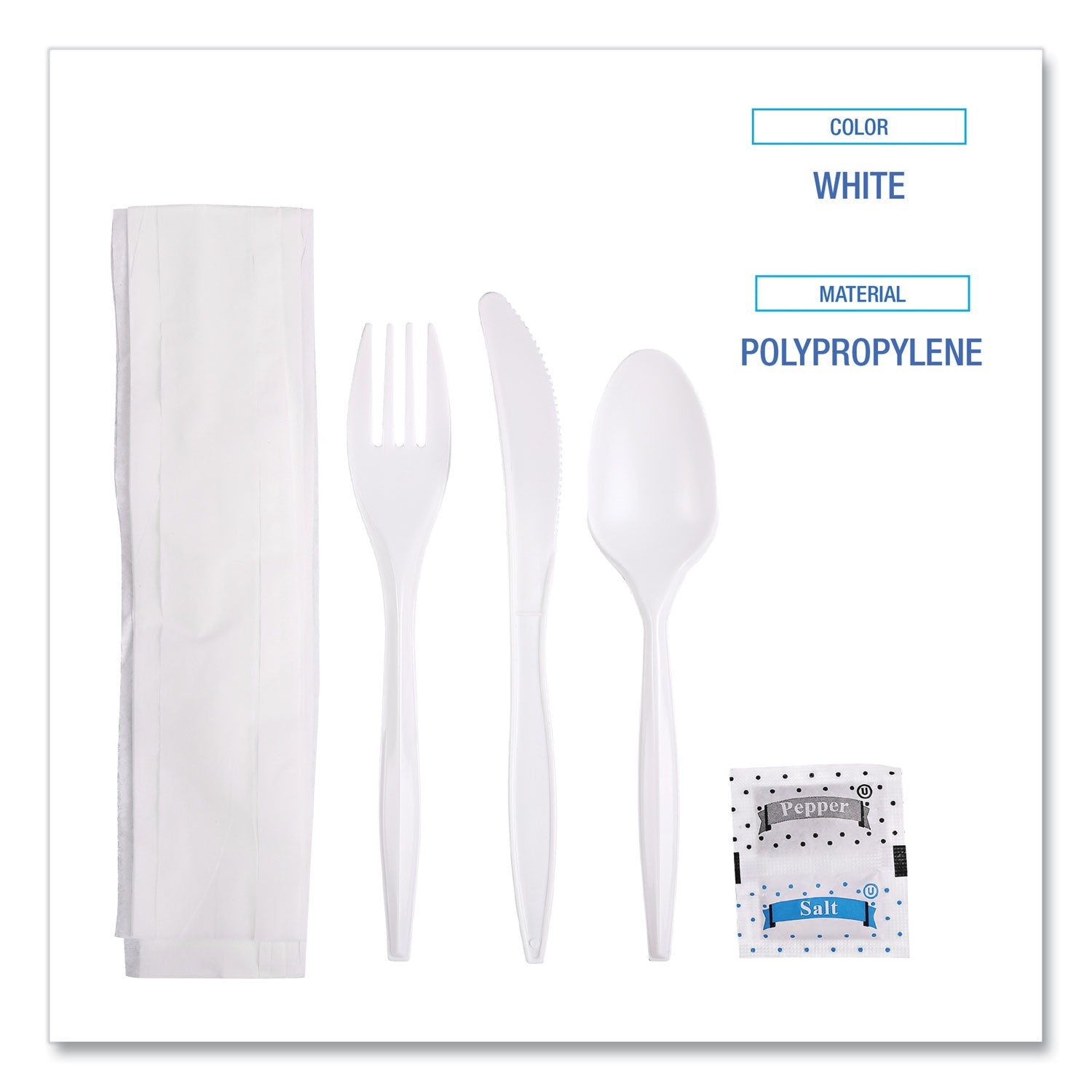 Cutlery Kit, Plastic Fork/Spoon/Knife/Salt/Polypropylene/Napkin, White, 250/Carton - 