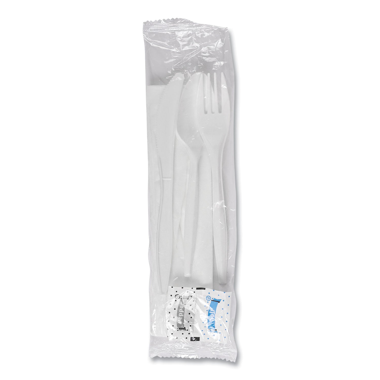 Cutlery Kit, Plastic Fork/Spoon/Knife/Salt/Polypropylene/Napkin, White, 250/Carton - 