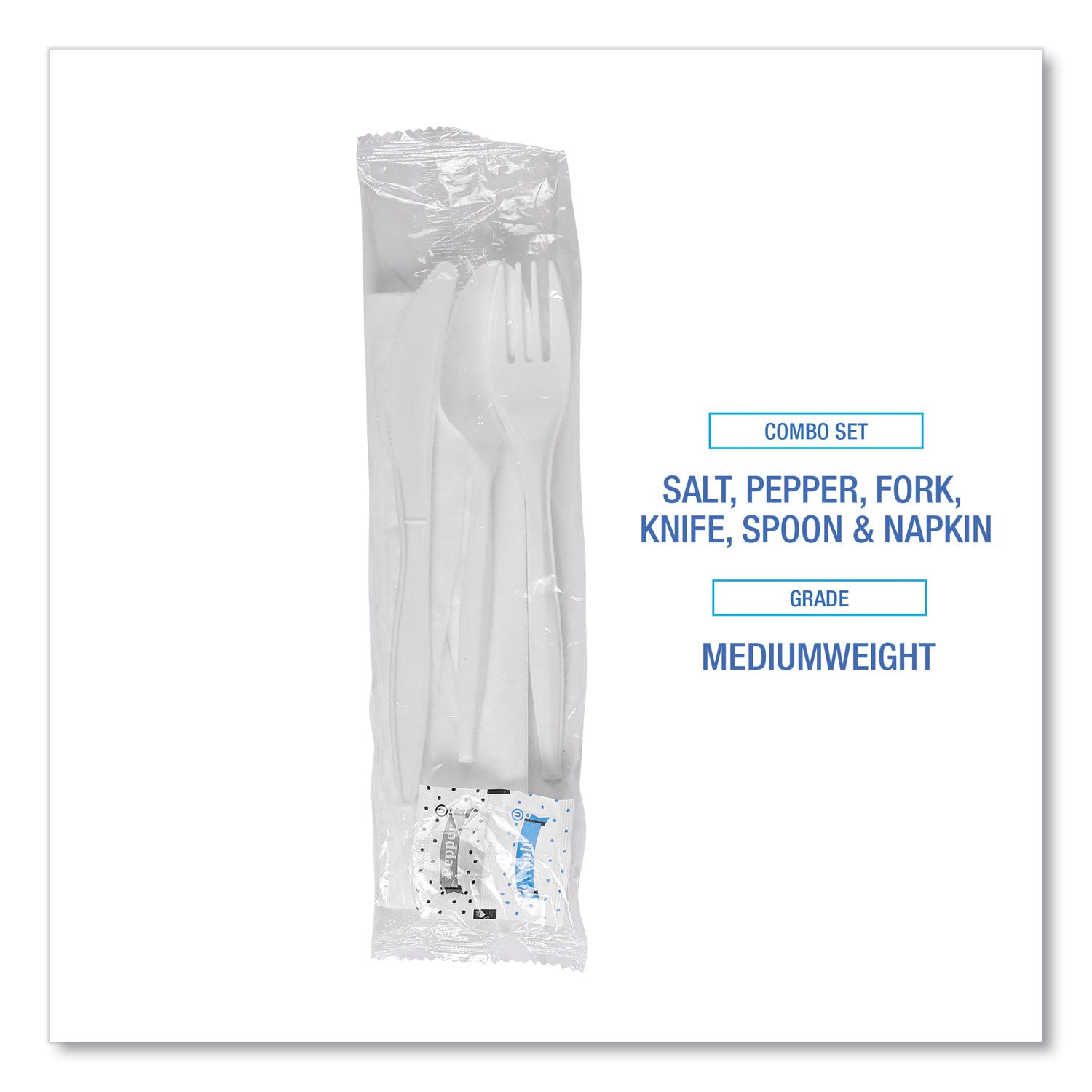 Cutlery Kit, Plastic Fork/Spoon/Knife/Salt/Polypropylene/Napkin, White, 250/Carton - 