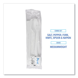 Cutlery Kit, Plastic Fork/Spoon/Knife/Salt/Polypropylene/Napkin, White, 250/Carton - 